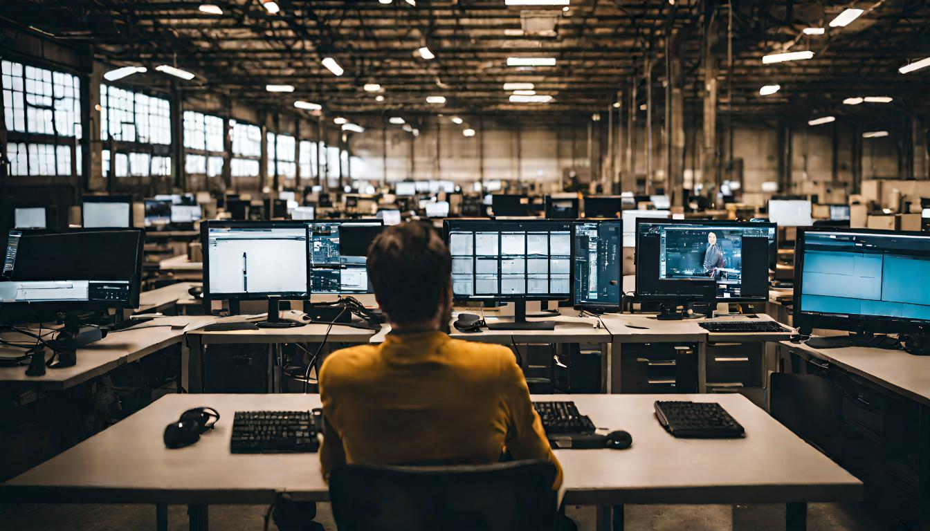 person working with computers in a big warehouse