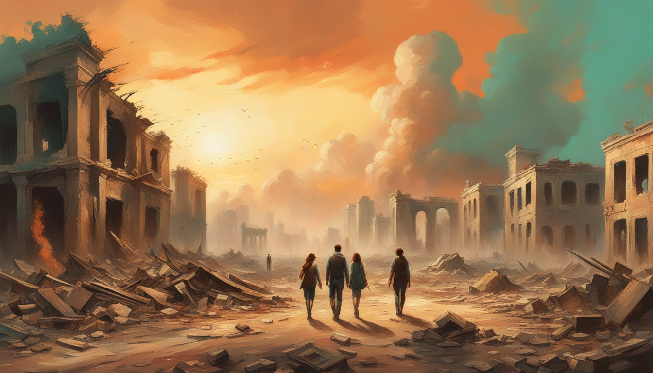 People wandering in destroyed city
